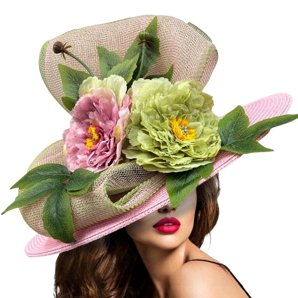 Stunning Big Couture Towering Sculpted Pink Green Floral Wide Brim Women's Hat